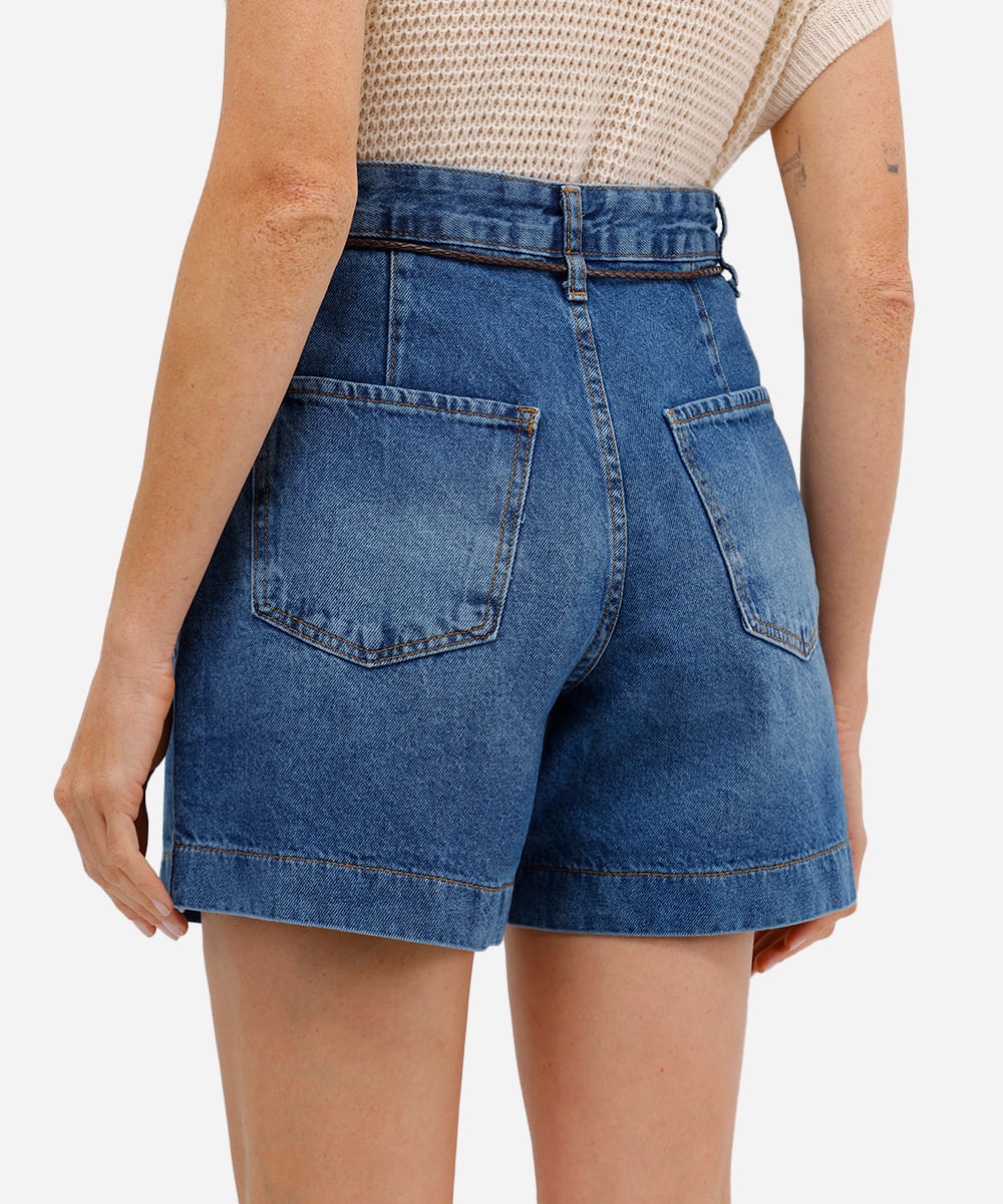 short feminino jeans com cordão azul