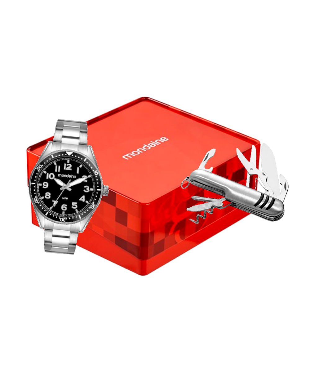 kit relógio masculino analógico mondaine  32548g0mvne1kc prateado