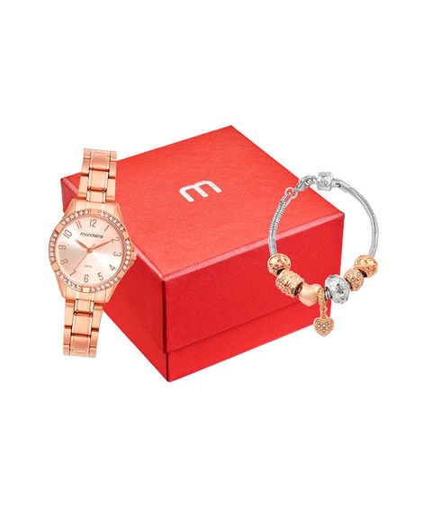 kit relógio feminino analógico mondaine 32772lpmvre2kb rosa