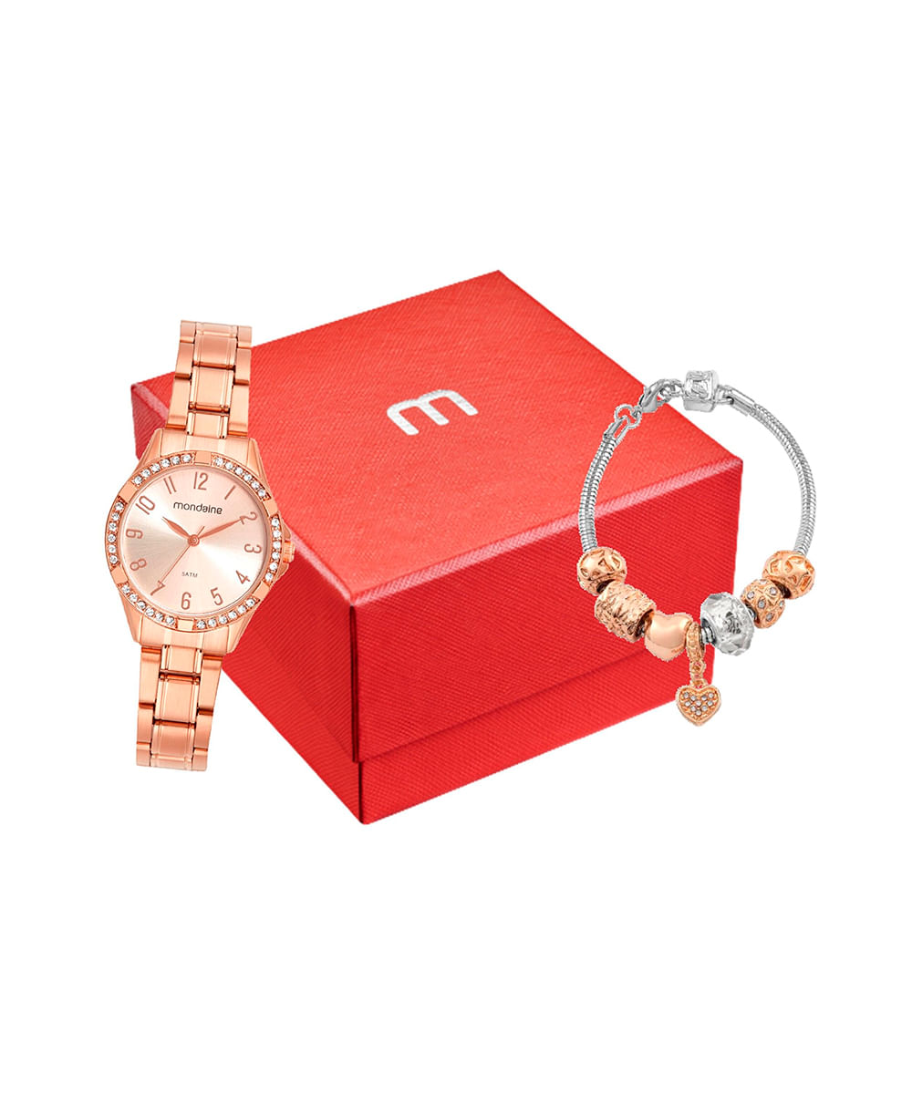 kit relógio feminino analógico mondaine 32772lpmvre2kb rosa