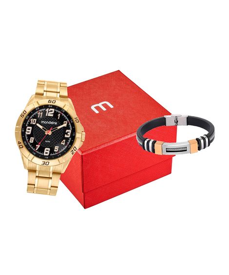 kit relógio masculino analógico mondaine 32887gpmvde1kc dourado