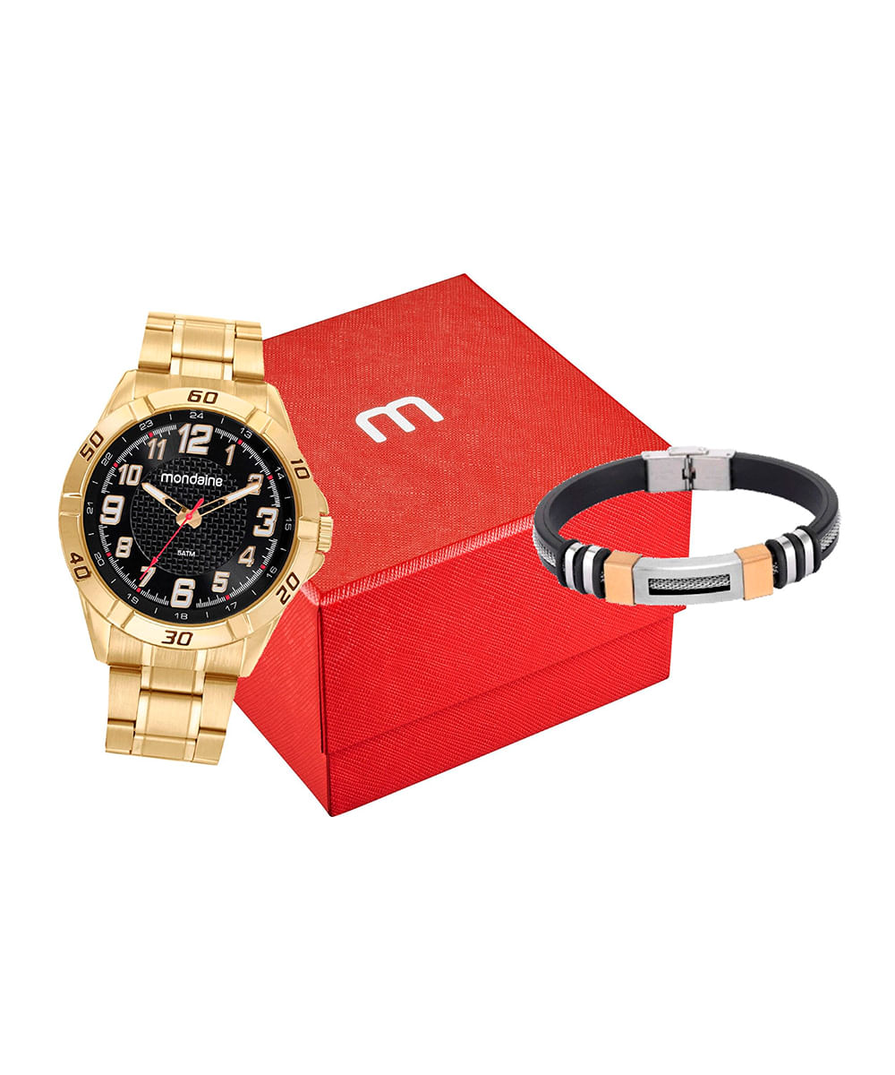 kit relógio masculino analógico mondaine 32887gpmvde1kc dourado