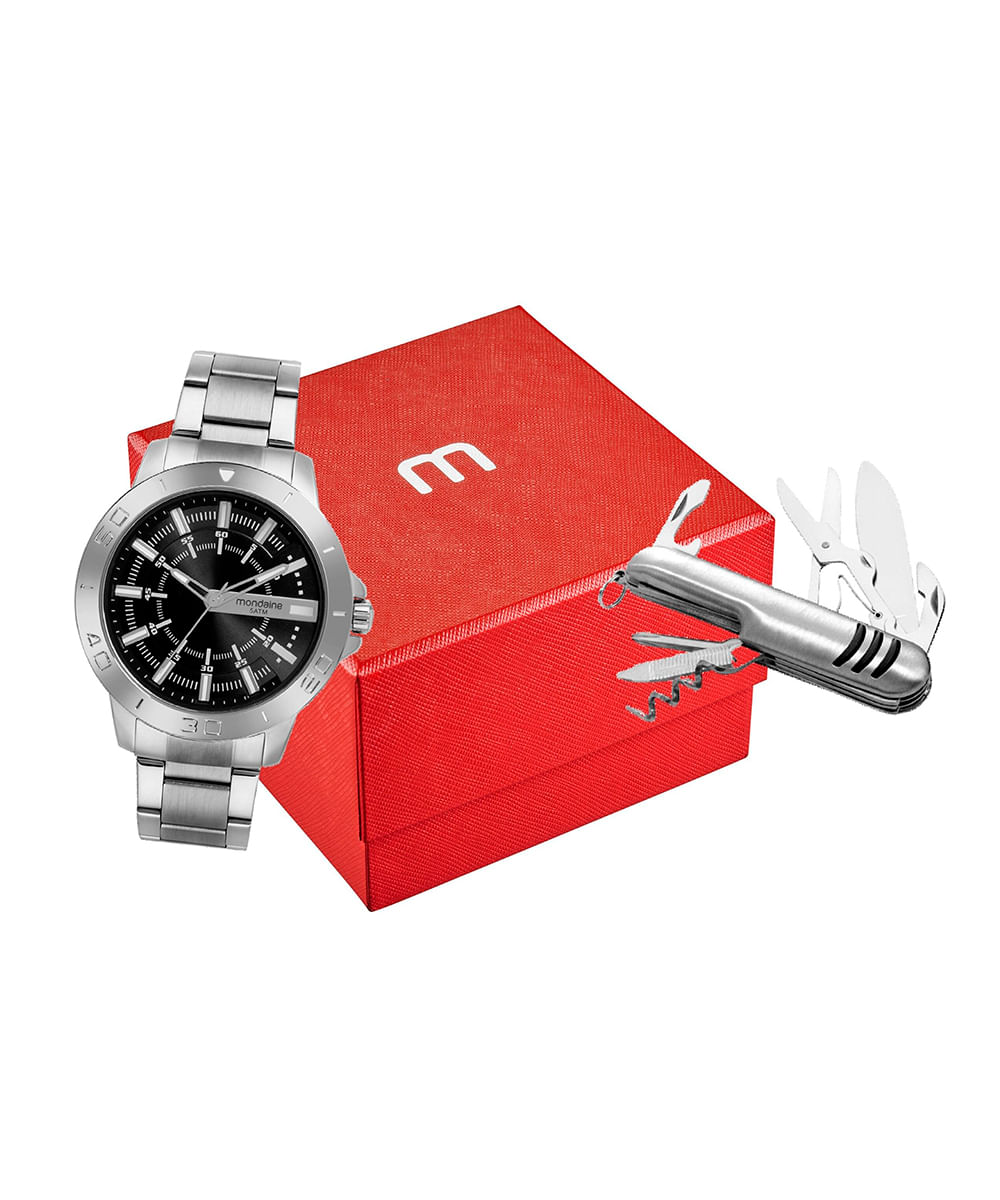 kit relógio masculino analógico mondaine 99700g0mvne1kc prateado