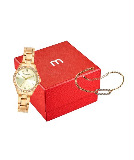 kit relógio feminino analógico mondaine 32772lpmvde1kc dourado