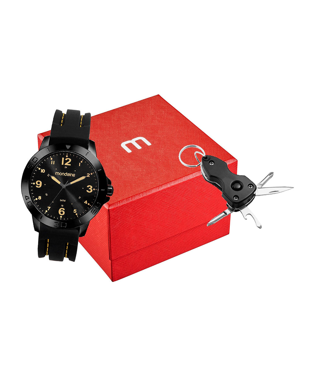 kit relógio masculino analógico mondaine 99698gpmvpi2kc preto