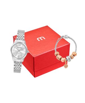kit relógio feminino mondaine 32698l0mvne3kc analógico prateado