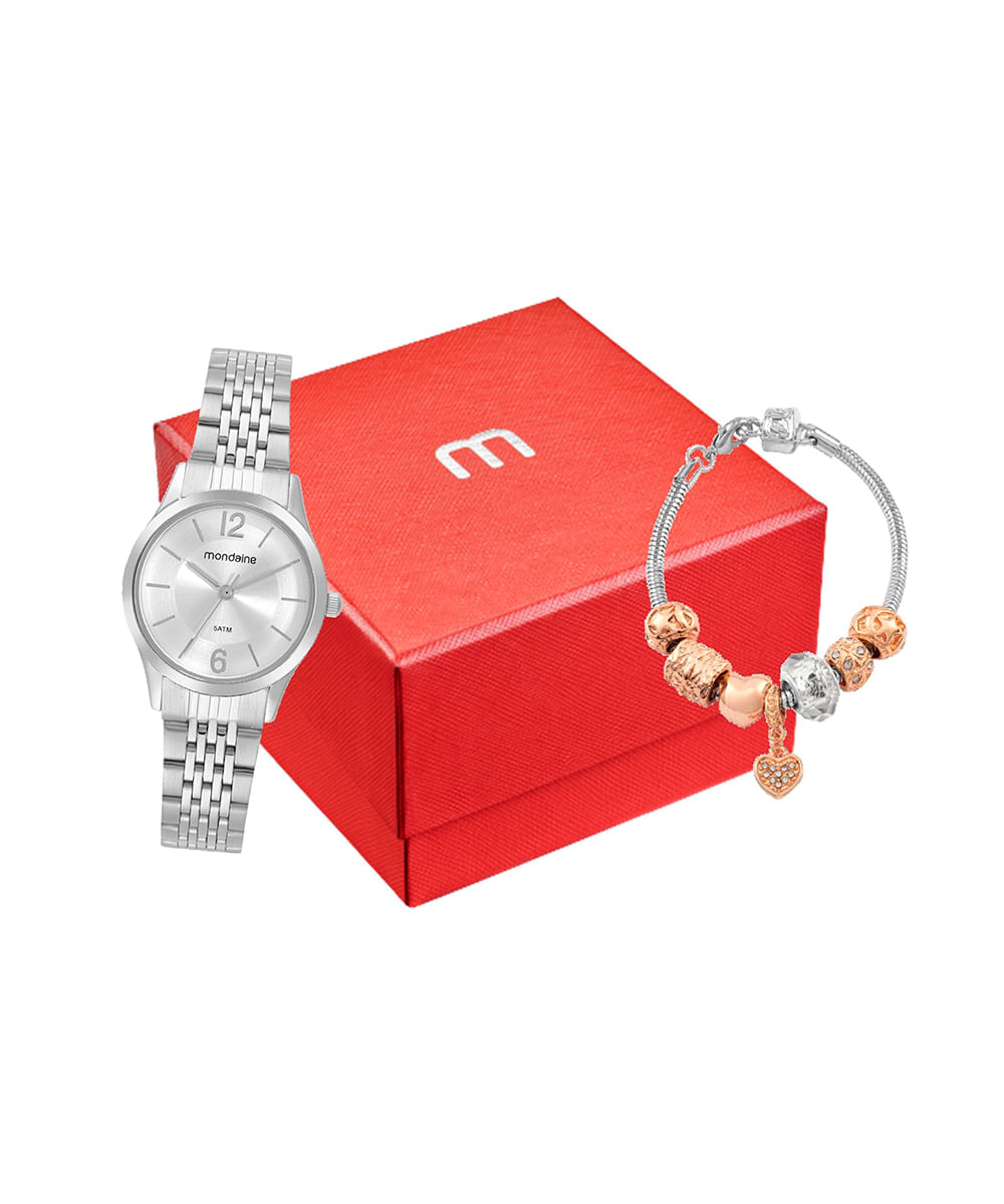 kit relógio feminino mondaine 32698l0mvne3kc analógico prateado