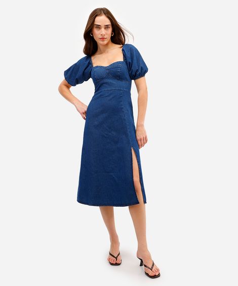 vestido midi feminino jeans manga bufante com fenda azul