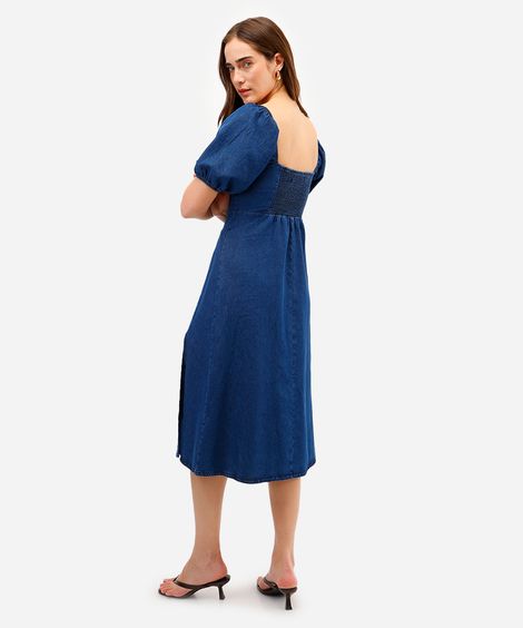 vestido midi feminino jeans manga bufante com fenda azul