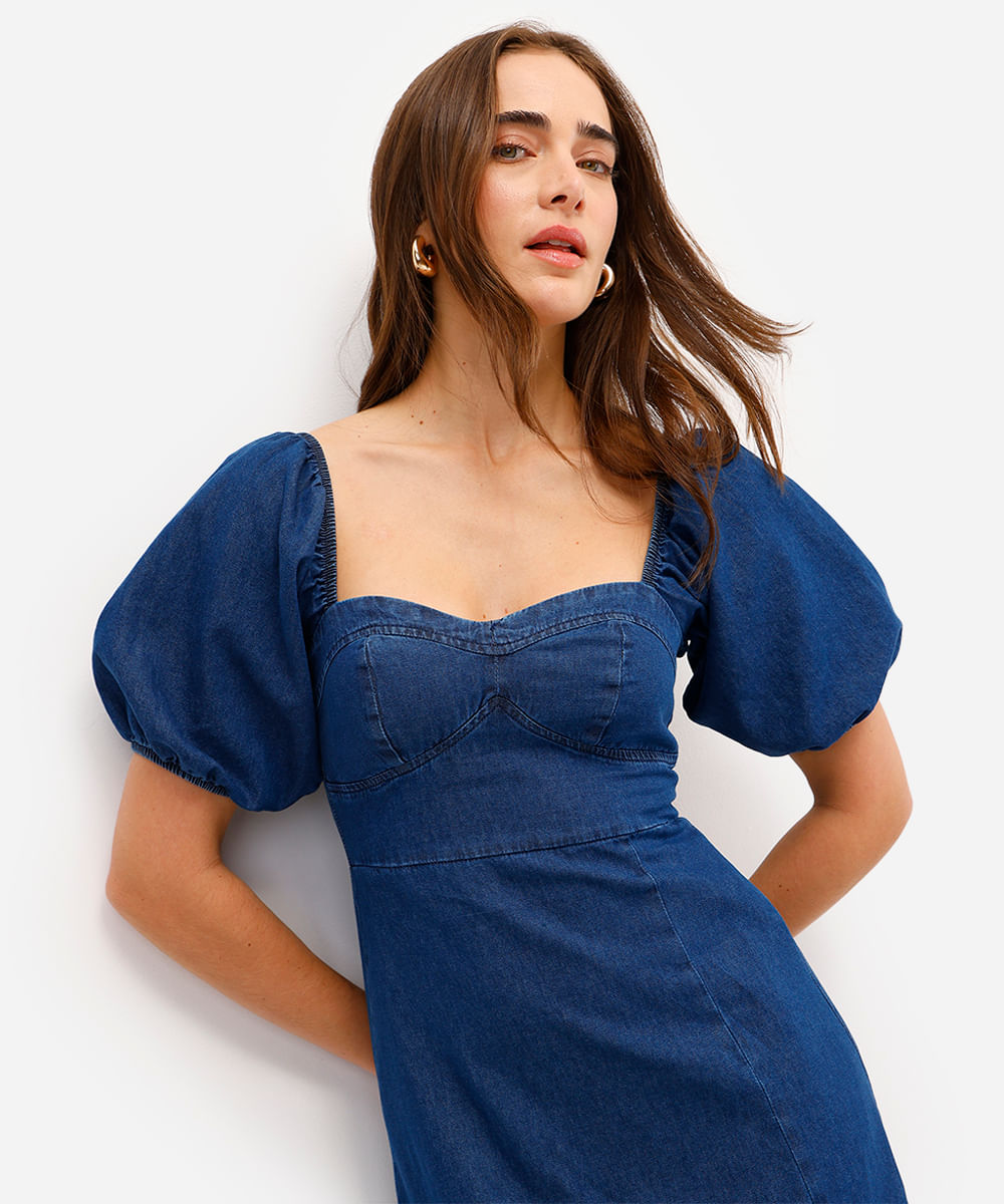 vestido midi feminino jeans manga bufante com fenda azul