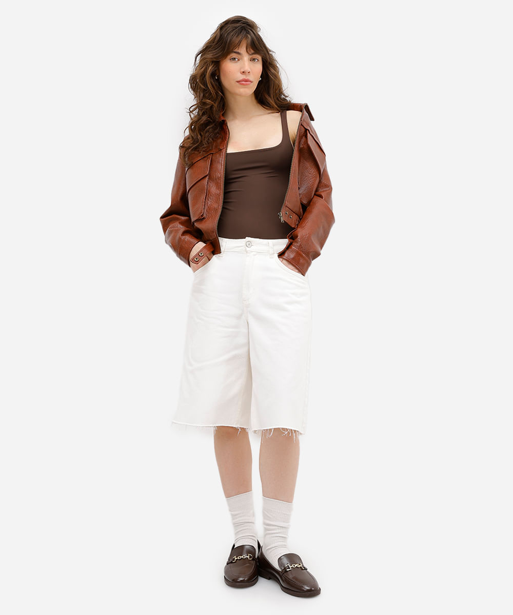 body feminino de poliamida decote quadrado marrom