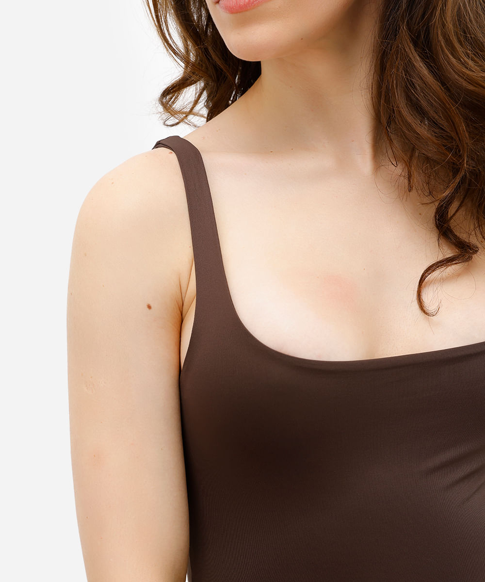 body feminino de poliamida decote quadrado marrom