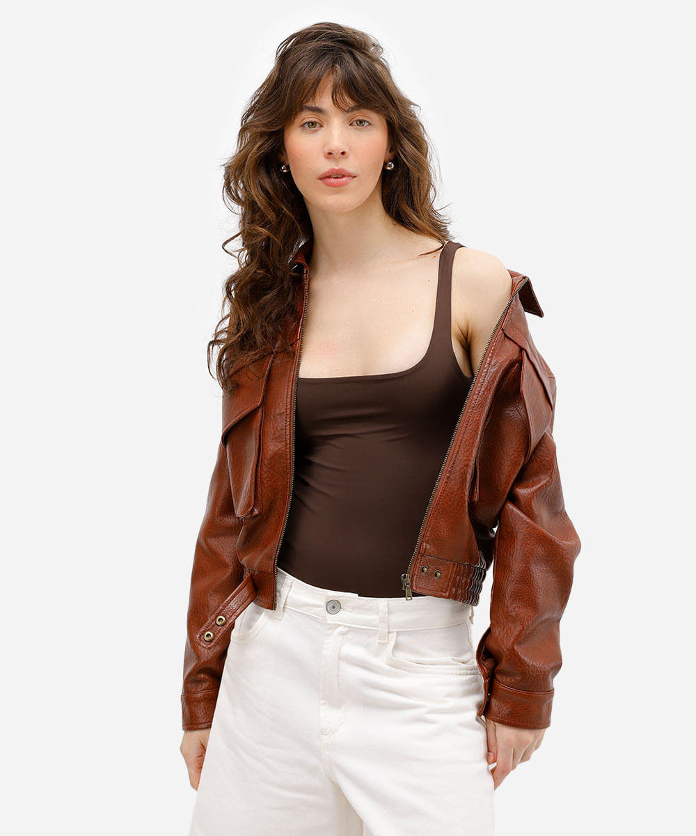 body feminino de poliamida decote quadrado marrom