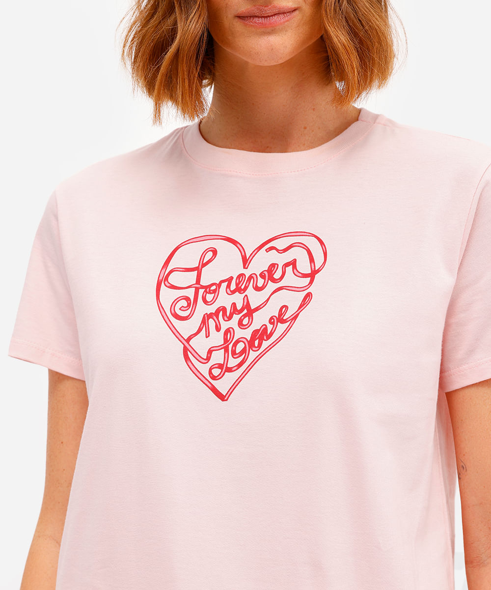 camiseta feminina de algodão forever my love rosa