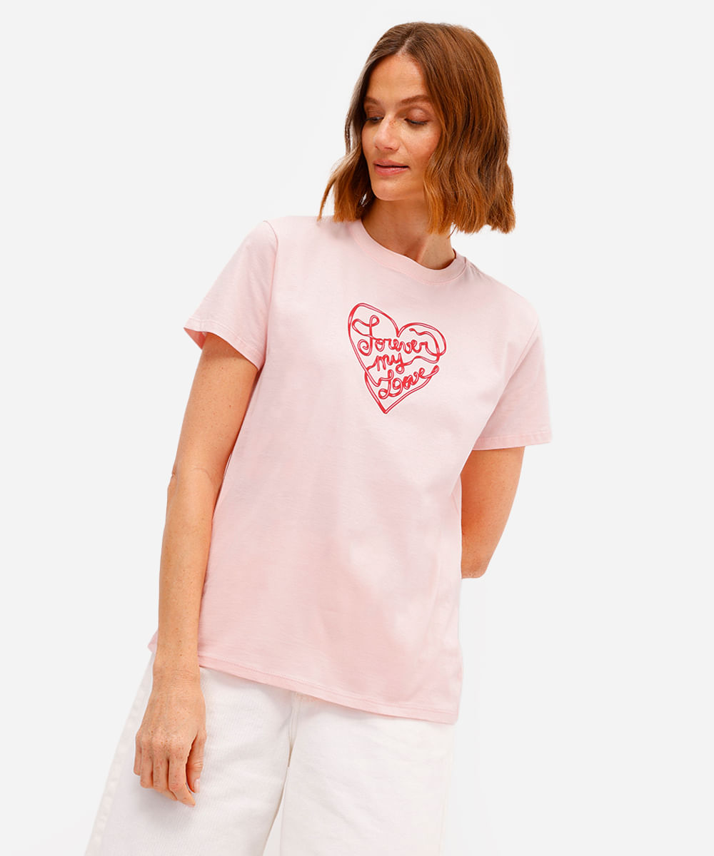 camiseta feminina de algodão forever my love rosa