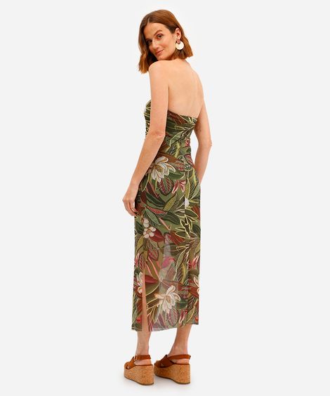 vestido sem alça feminino de tule franzido com fenda floral verde