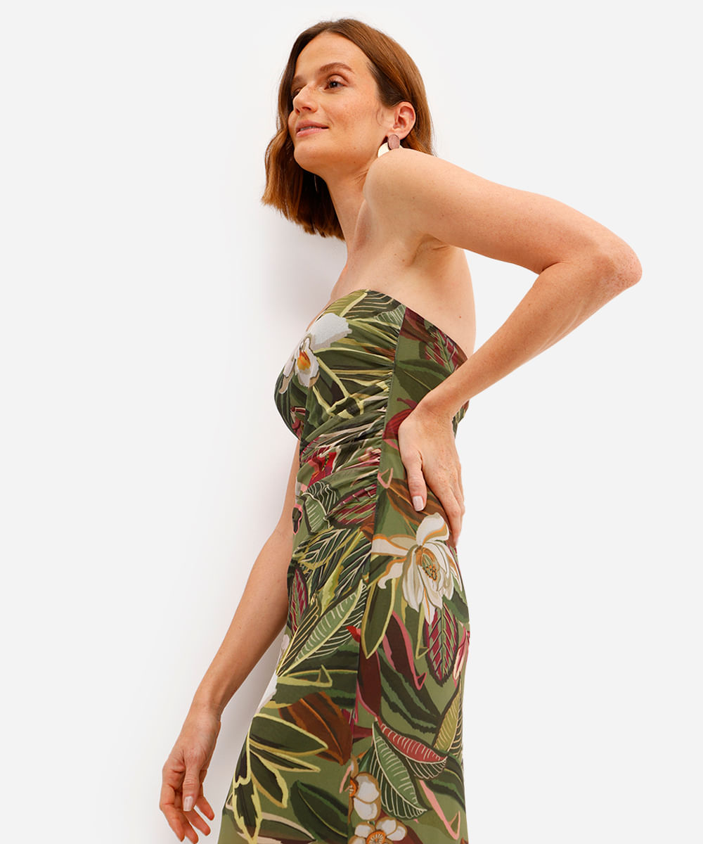 vestido sem alça feminino de tule franzido com fenda floral verde