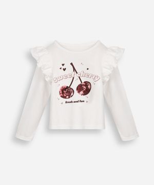 blusa infantil  manga longa com babado e bordado cereja off white