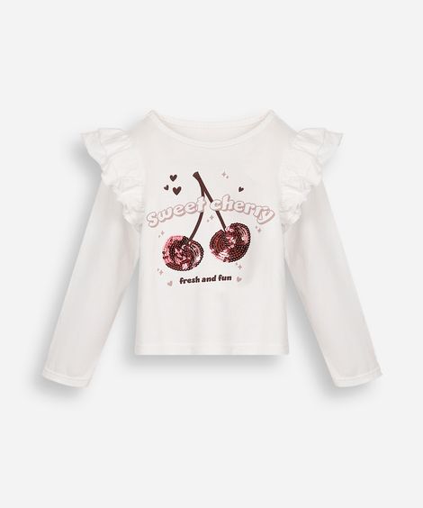 blusa infantil  manga longa com babado e bordado cereja off white