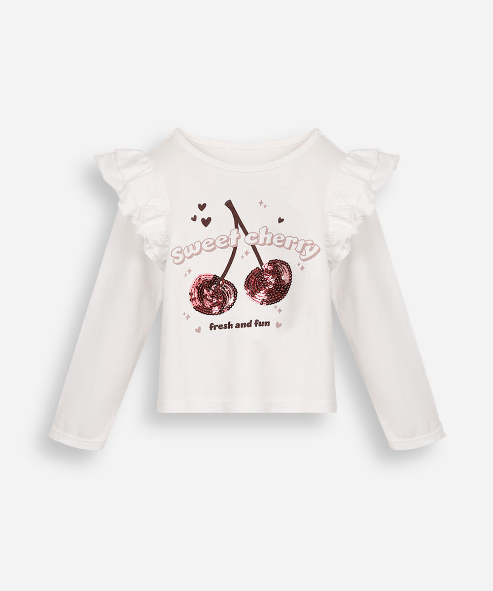 blusa infantil  manga longa com babado e bordado cereja off white