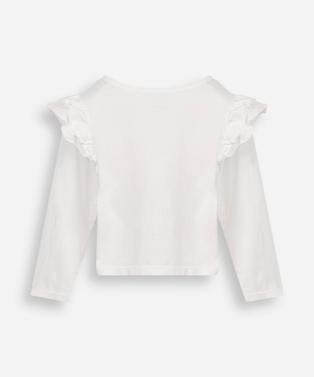 blusa infantil  manga longa com babado e bordado cereja off white