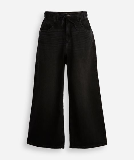 calça jeans wide leg infantil com cordão para amarração preta