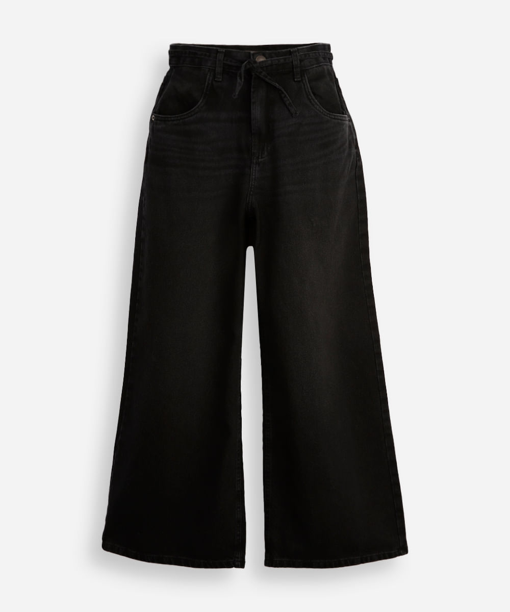 calça jeans wide leg infantil com cordão para amarração preta