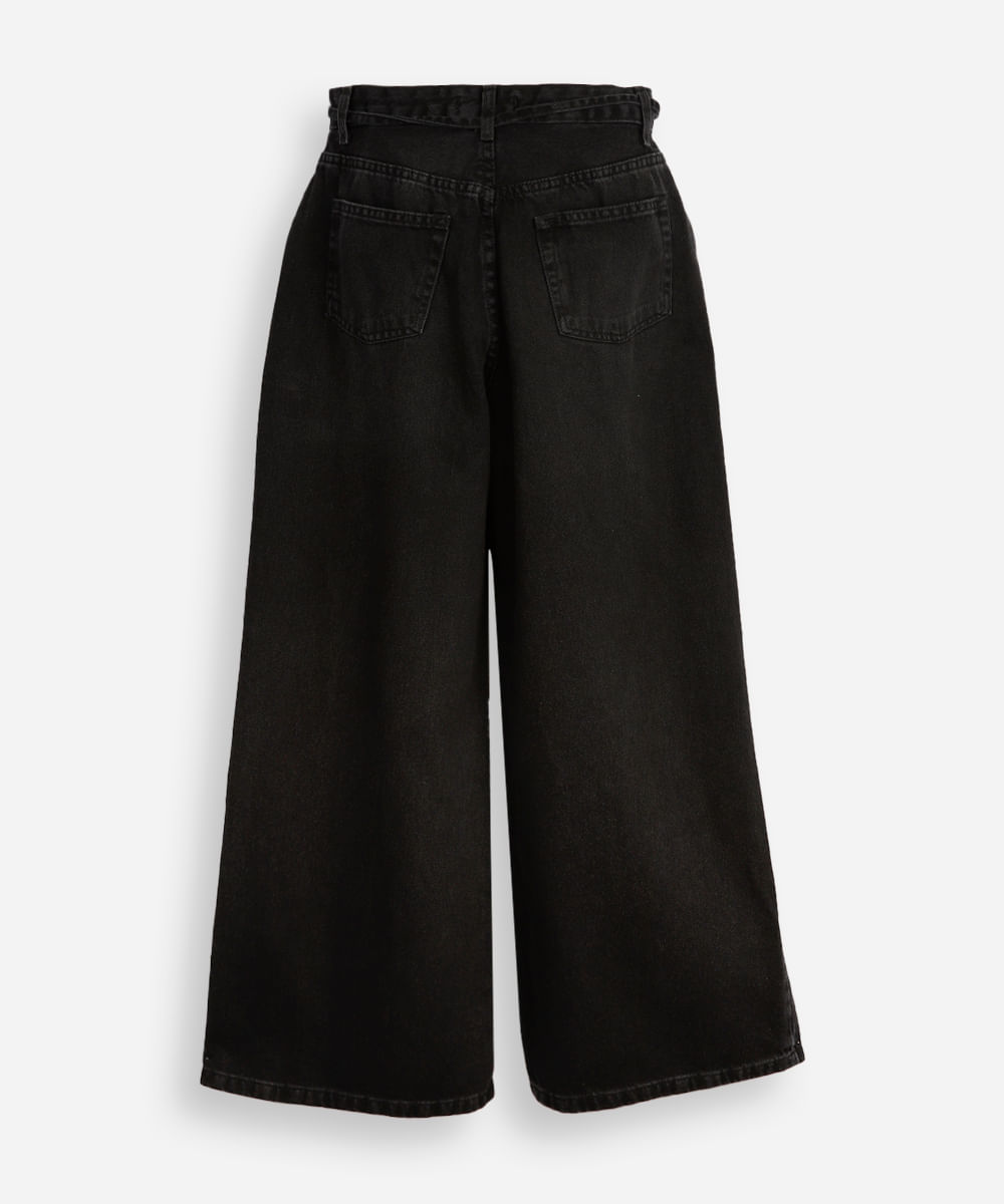 calça jeans wide leg infantil com cordão para amarração preta