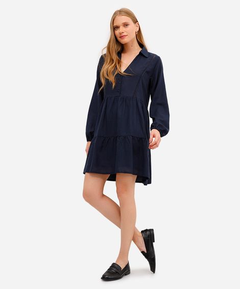 vestido com linho curto manga longa - azul marinho