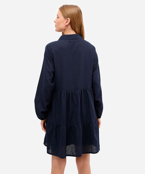 vestido com linho curto manga longa - azul marinho