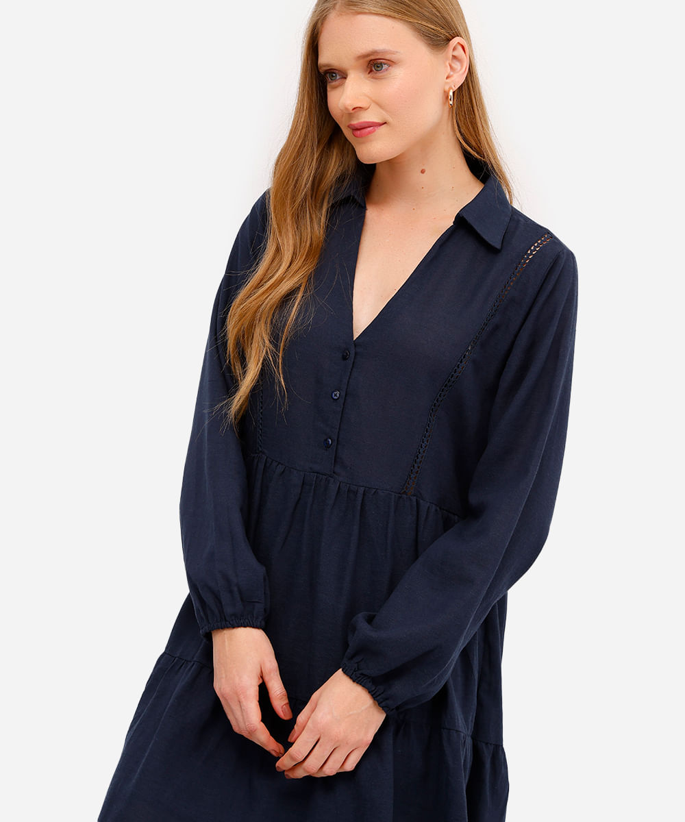 vestido com linho curto manga longa - azul marinho