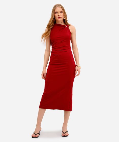 vestido midi feminino franzido com fenda vinho