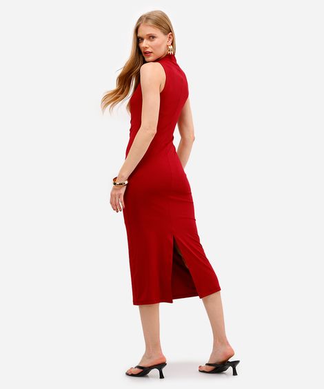 vestido midi feminino franzido com fenda vinho