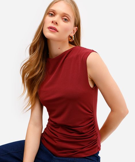 blusa feminina decote redondo franzida vinho
