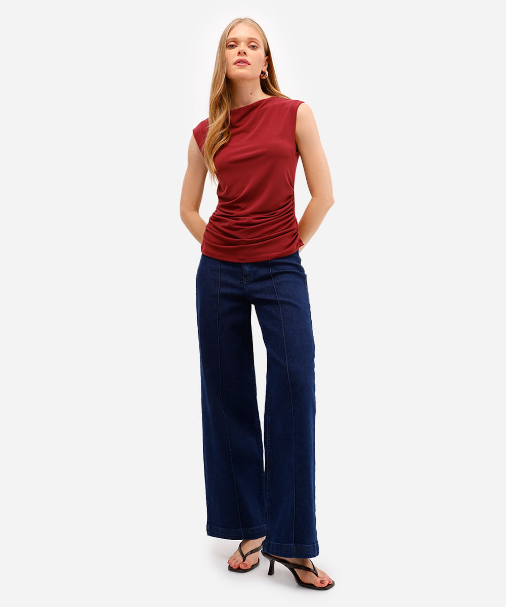 blusa feminina decote redondo franzida vinho