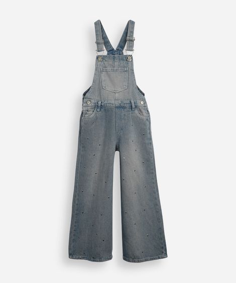 jardineira jeans dirty  infantil com tachas  azul