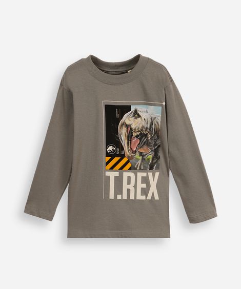 camiseta infantil manga longa jurassic t-rex cinza