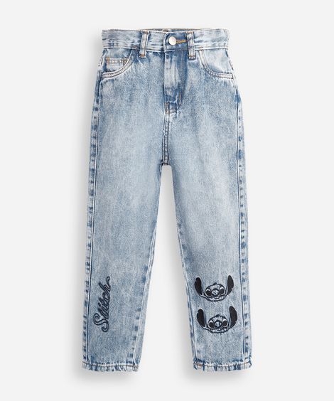 calça mom jeans infantil com bordadado stitch azul