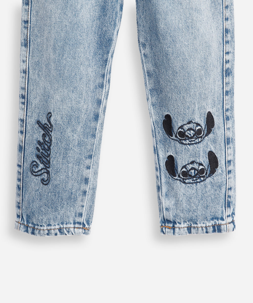 calça mom jeans infantil com bordadado stitch azul