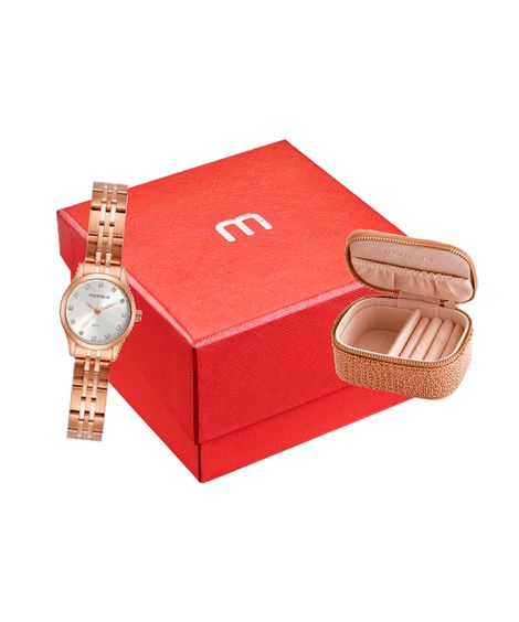 kit relógio feminino analógico mondaine  32493lpmvre3kl rosa