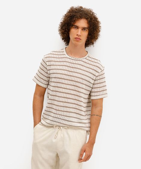 camiseta masculina de tricot listrada bege