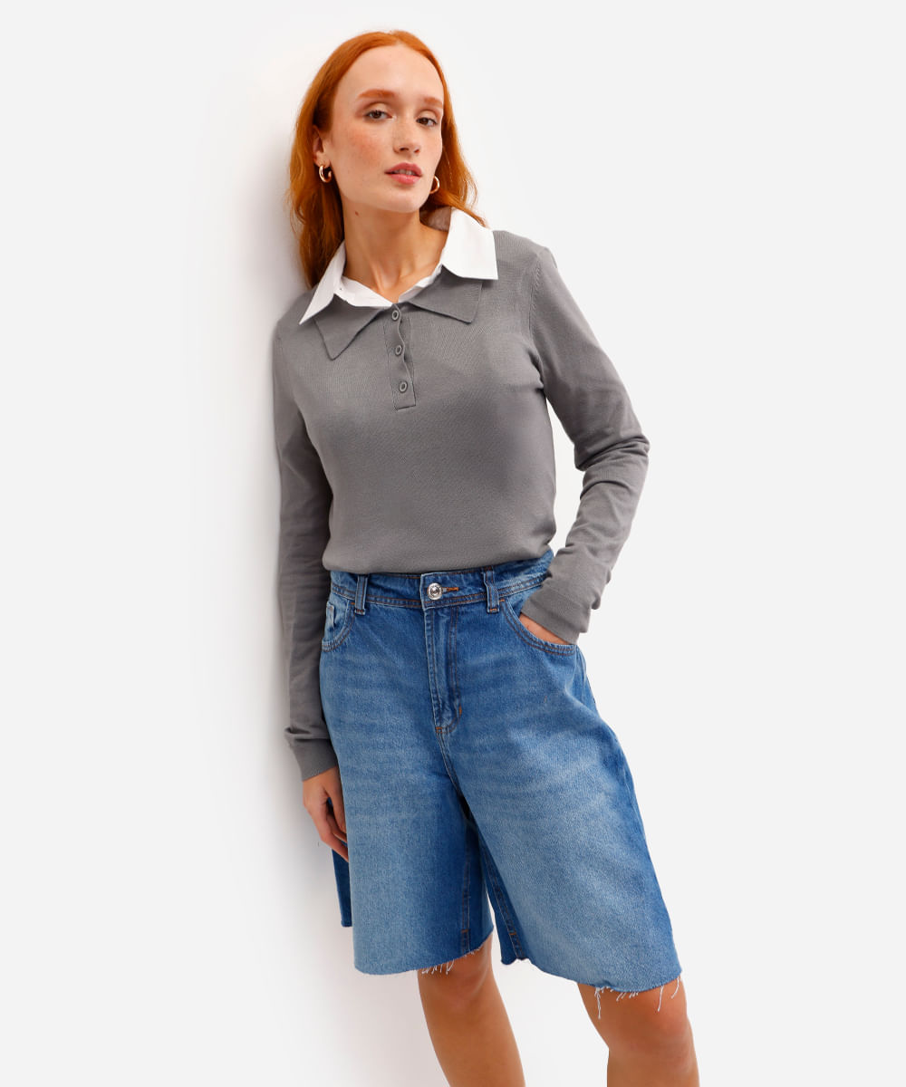 bermuda feminina jeans barra a fio azul