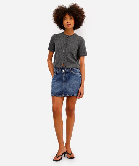 saia curta feminina jeans cós deslocado azul