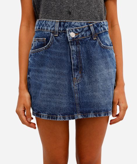 saia curta feminina jeans cós deslocado azul