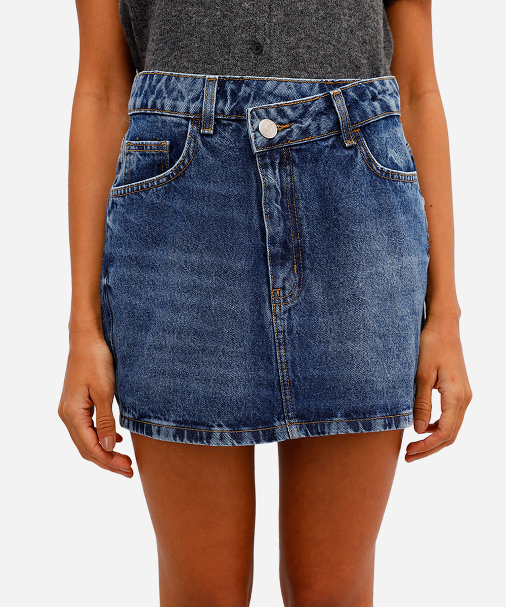 saia curta feminina jeans cós deslocado azul