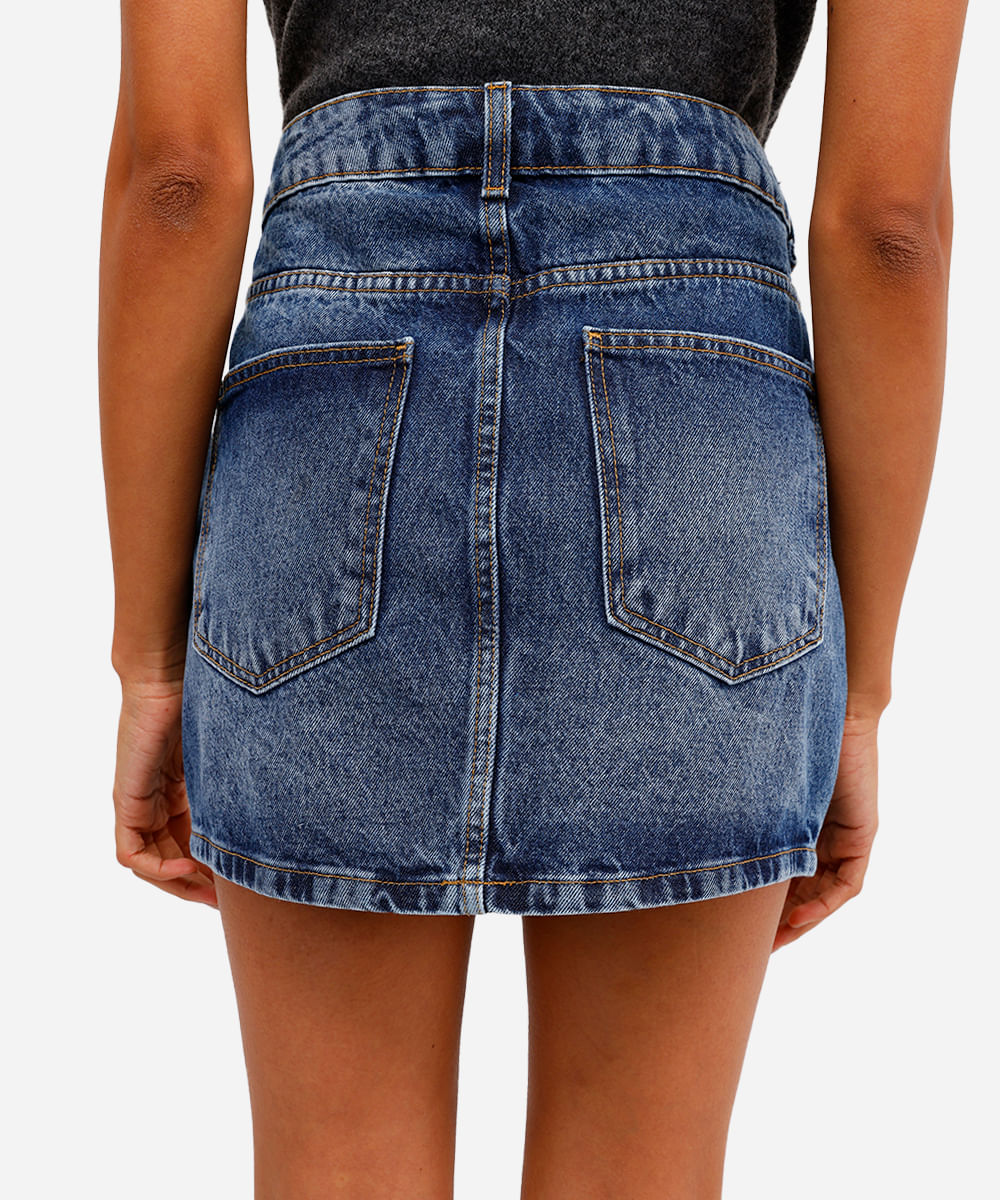 saia curta feminina jeans cós deslocado azul