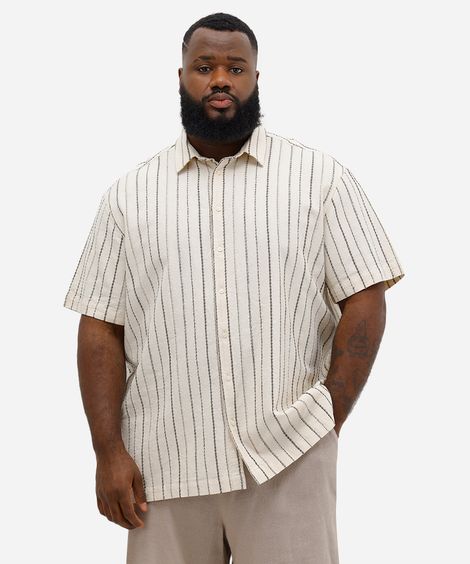 camisa comfort masculina de algodão listrada plus size bege