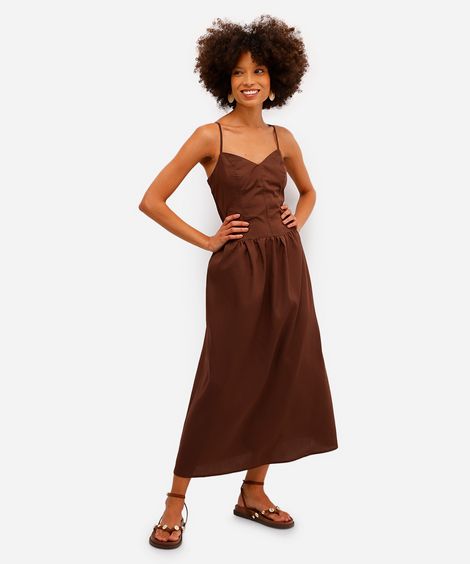 vestido feminino longo cintura alongada com alça fina - marrom