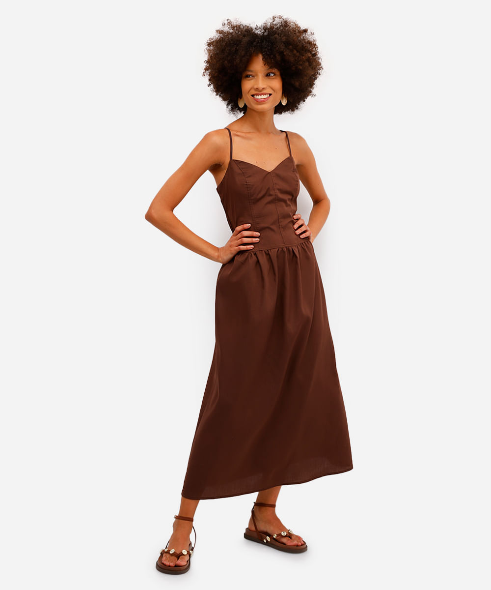 vestido feminino longo cintura alongada com alça fina - marrom
