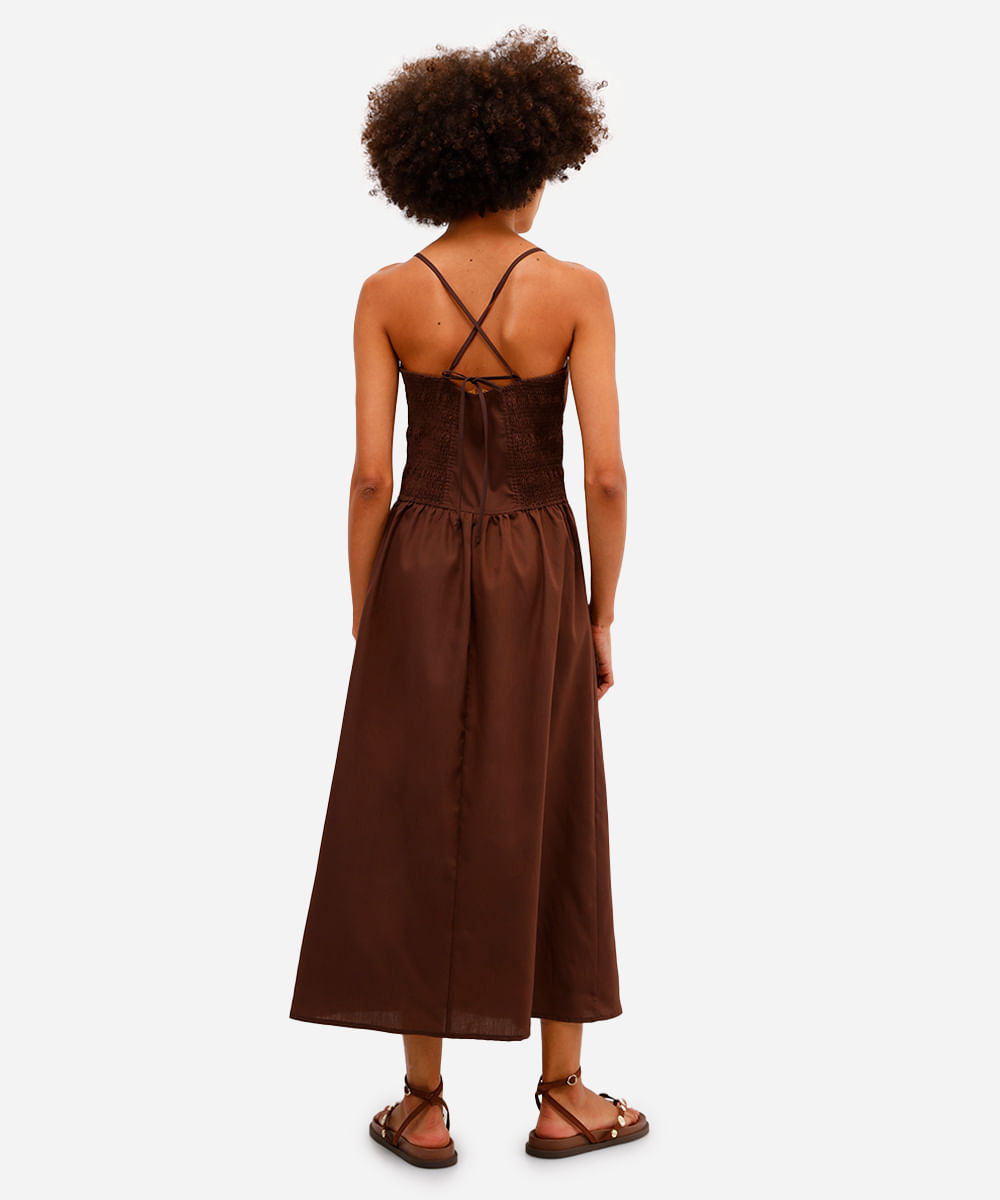 vestido feminino longo cintura alongada com alça fina - marrom